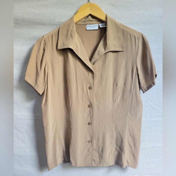 Vintage 90s Beige Tan Silk Short Sleeve Blouse Size Small - Picture 1 of 4